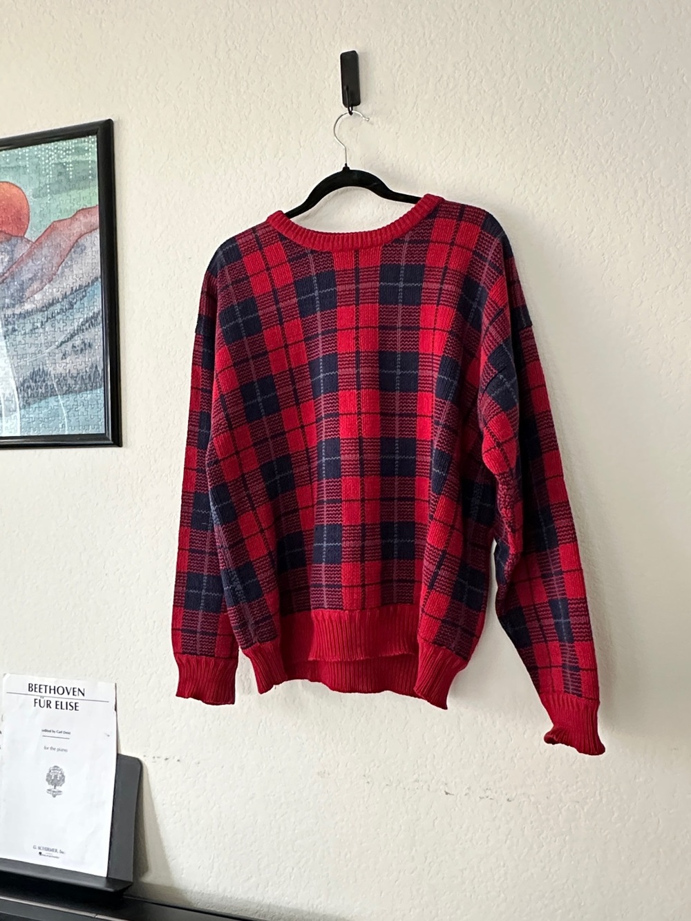 VINTAGE JOHN ASHFORD RED NAVY PLAID CREWNECK SWEATER MENS L GRANDPA PREPPY 90S